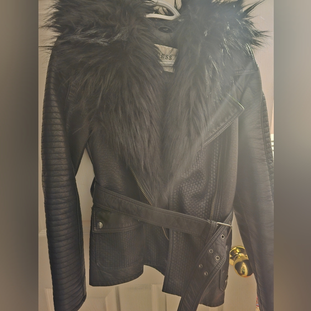 Guess Black Faux Fur Trim Jacket